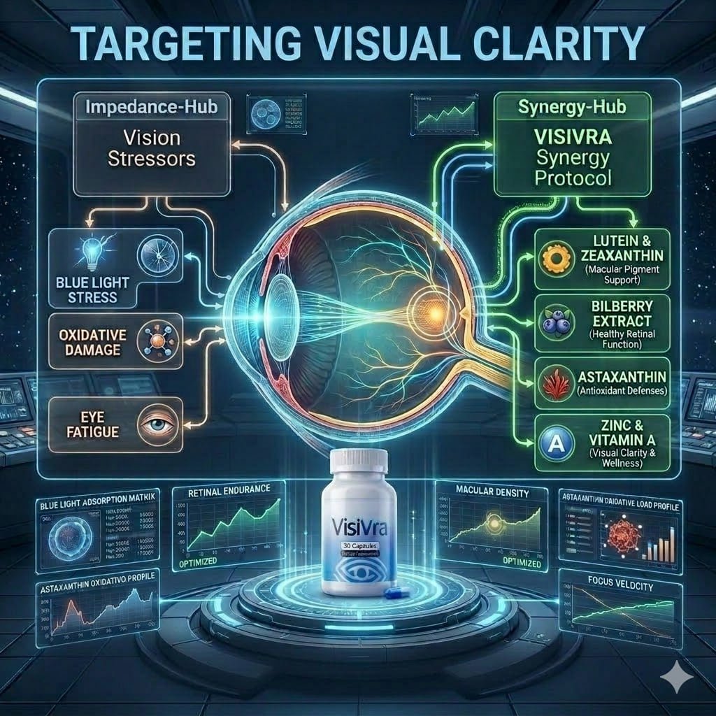 VISIVRA eye supplement with digital eye illustration showing blue light protection and retinal support.