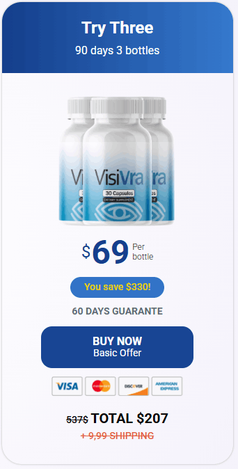 VISIVRA 3 bottle package for 90-day vision support, eye health protection, and balanced daily visual performance