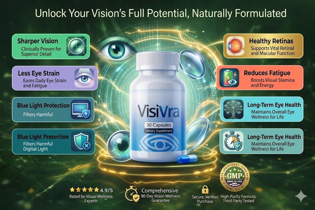 VISIVRA eye supplement bottle promoting sharper vision and reduced eye strain.