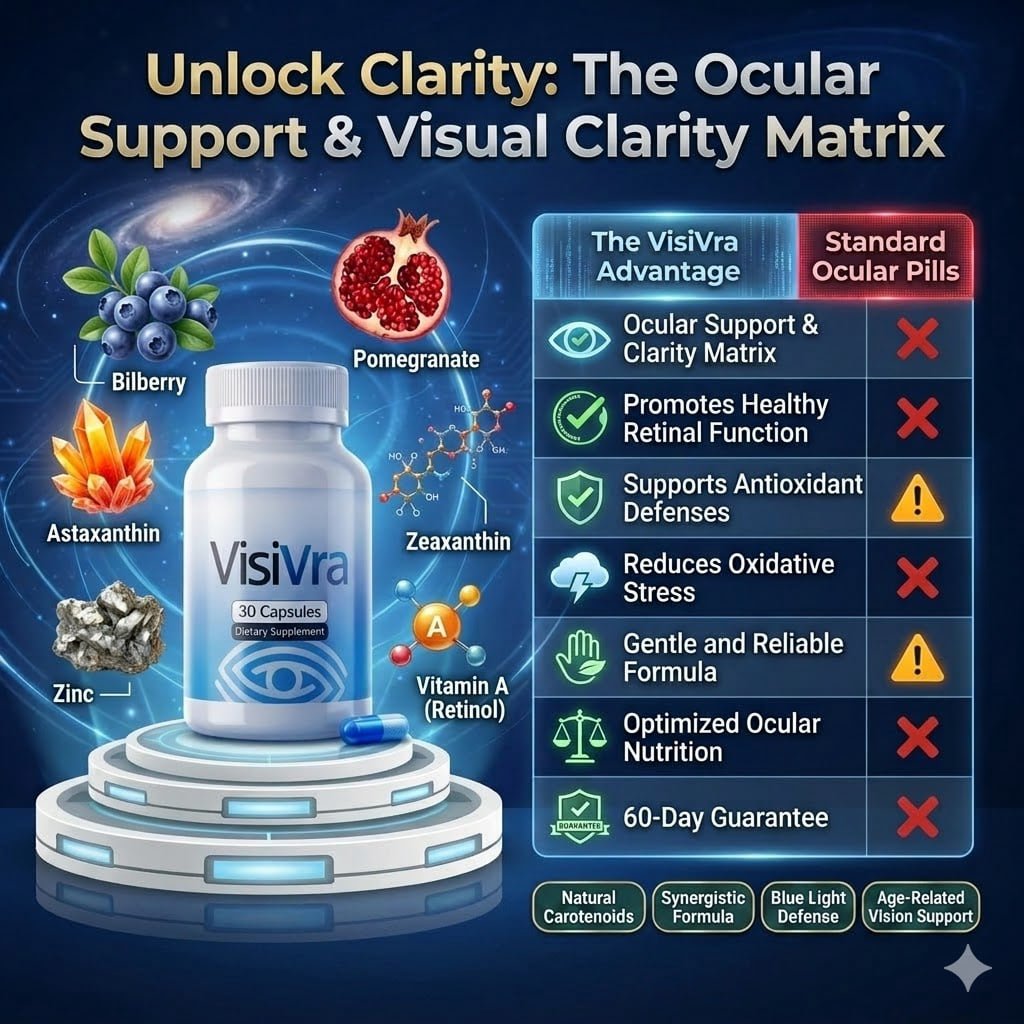 VISIVRA eye supplement bottle with lutein, bilberry, astaxanthin, zinc, and vitamin A for vision clarity.